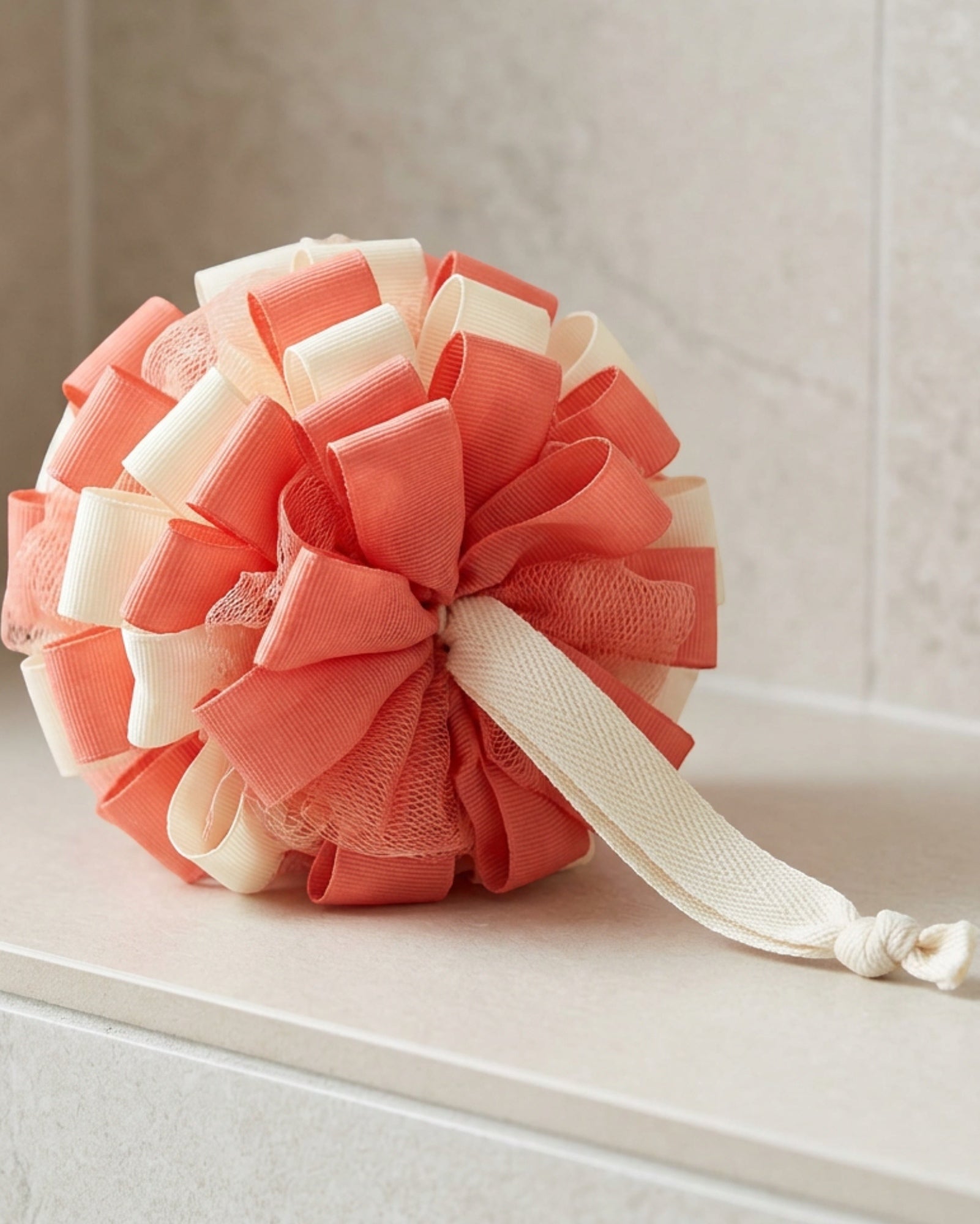 Bmxdk Layered Tulle Ribbon Bath Pouf Coral Cream - Lifestyle view